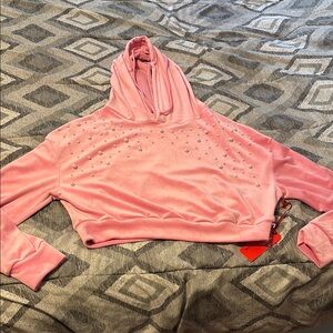 Roma Concepts Pink Velour Pearl Hooded Women's Sweater